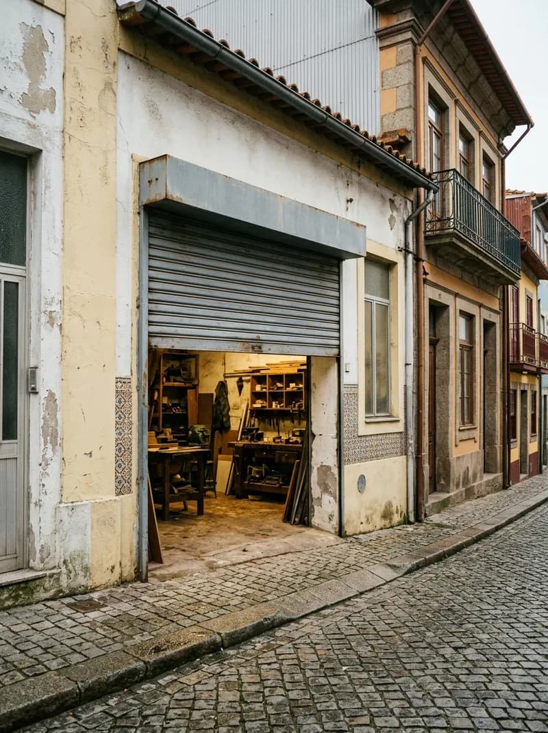 O portão da oficina meio aberto numa rua residencial, de manhã